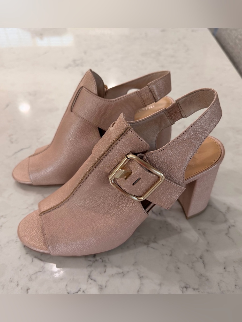 Donald J. Pliner Blush Pink Peep-Toe Block Heel Sandals with Gold Buckle